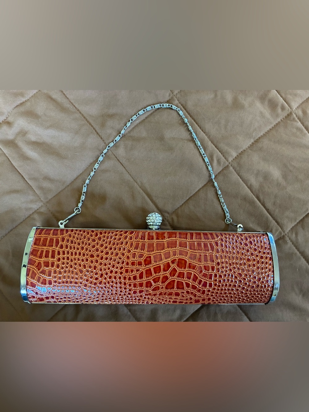 Mad Bags Women's Croc-Embossed Brown Evening Clutch with Crystal Kiss Lock